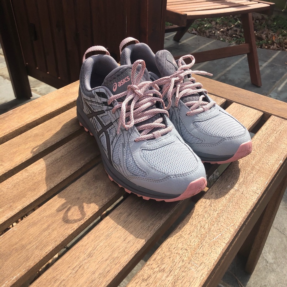 ASICS pink and grey trail running shoes